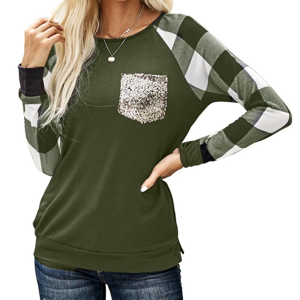 Green Plaid Sequin Top